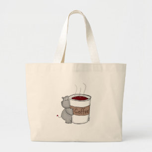 Hippo with Coffee Large Tote Bag