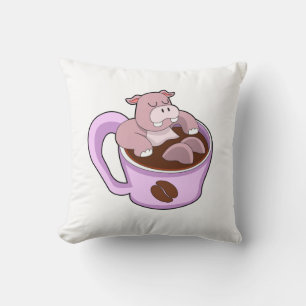 Hippo with Cup of Coffee Throw Pillow