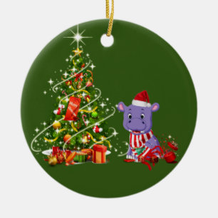 Hippo With Hat Scafts  Christmas Ceramic Ornament