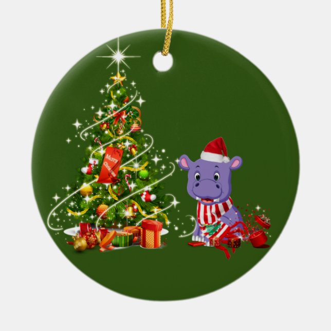 Hippo With Hat Scafts  Christmas Ceramic Ornament (Front)