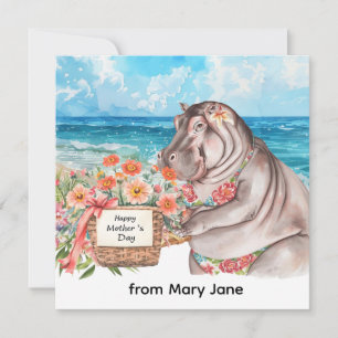 Hippo with Mother's Day Flower Basket at Beach Holiday Card