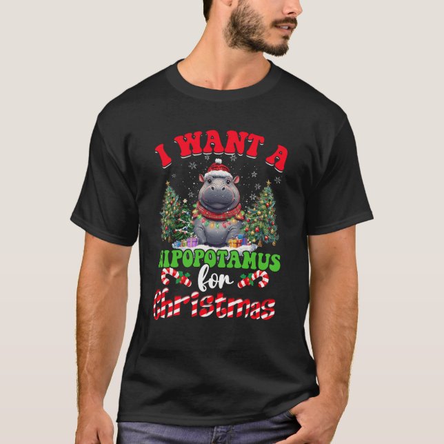 Hippo Xmas Tree Lights I Want A Hippopotamus For C T-Shirt (Front)