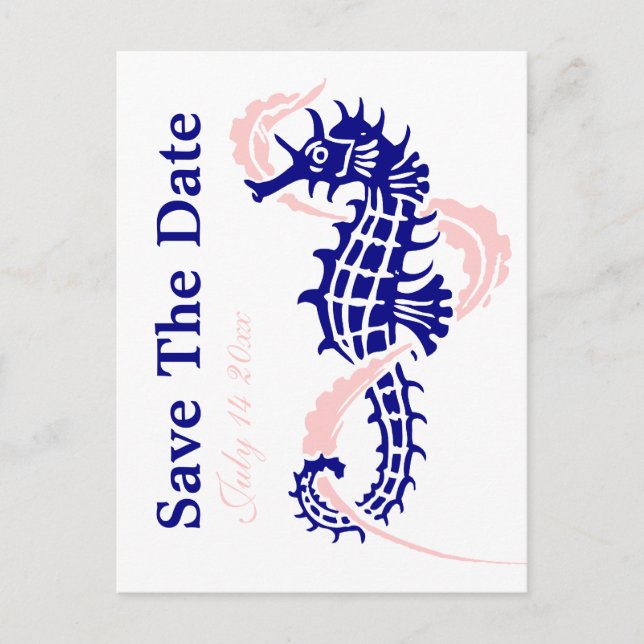 Hippocampe bleu marine, faire-part de mariage rose (Devant)