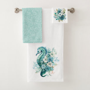 Hippocampe bleu turquoise clair et flore côtière
