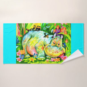 hippopotame et oiseaux aux couleurs vives