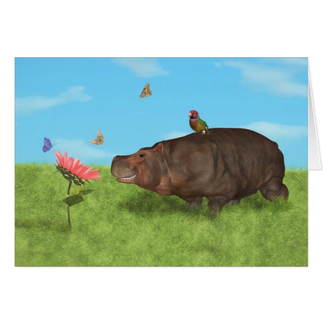 Hippopotame heureux, fleur, papillons (Devant horizontal)