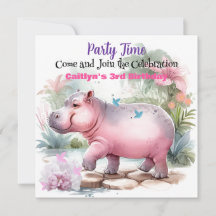 Hippopotamus and Butterfly Birthday Invitation