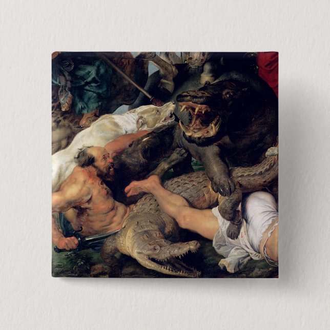 Hippopotamus and Crocodile Hunt, c.1615-16 2 Inch Square Button (Front)