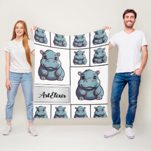 Hippopotamus Blue Print Fleece Blanket