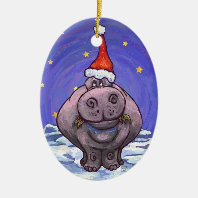 Hippopotamus Christmas Ceramic Ornament (Front)