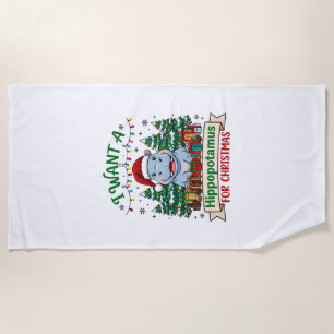 Hippopotamus Christmas Hippo Santa Hat Trees Prese Beach Towel