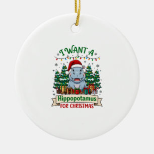 Hippopotamus Christmas Hippo Santa Hat Trees Prese Ceramic Ornament