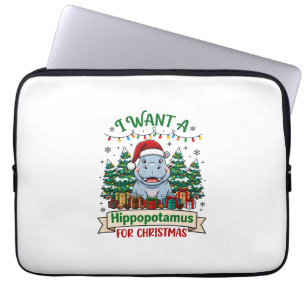 Hippopotamus Christmas Hippo Santa Hat Trees Prese Laptop Sleeve