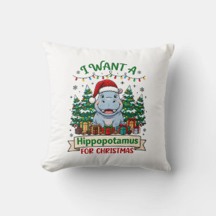 Hippopotamus Christmas Hippo Santa Hat Trees Prese Throw Pillow