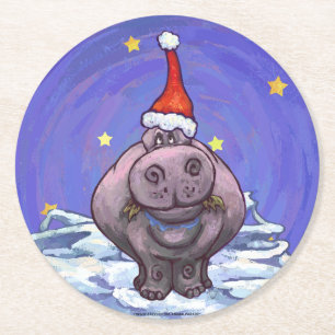 Hippopotamus Christmas Round Paper Coaster