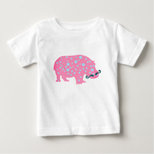 Hippopotamus Dots Moustacehs Baby Romper, White T-Shirt