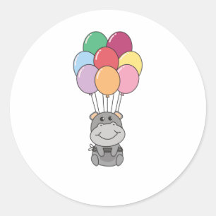 Hippopotamus Flies Up With Colourful Balloons Classic Round Sticker