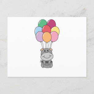 Hippopotamus Flies Up With Colourful Balloons Postcard