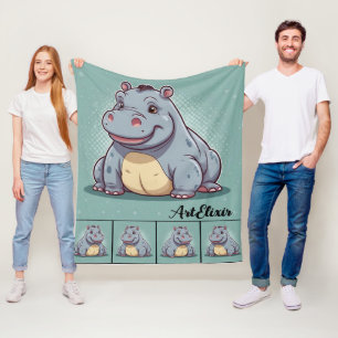 Hippopotamus Funny Kawaii Blue Print  Fleece Blanket