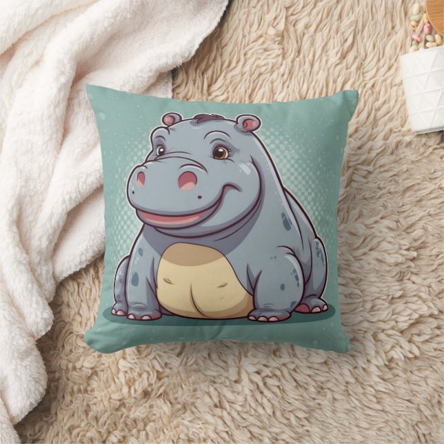 Hippopotamus Funny Kawaii Blue Print  Throw Pillow (Blanket)