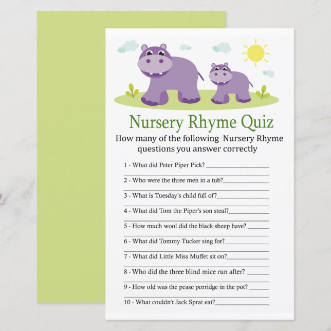 Hippopotamus Nursery Rhyme Quiz baby shower game (Front/Back)