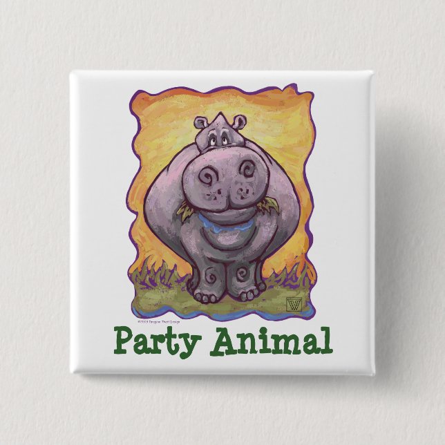 Hippopotamus Party Animal 2 Inch Square Button (Front)