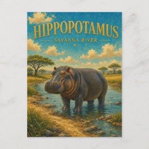 Hippopotamus Savanna River Watercolor GeoSaga Postcard