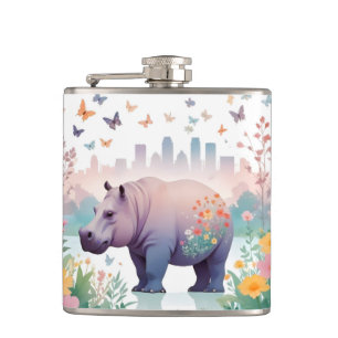 Hippopotamus Vintage Animal Nature Forest City Art Hip Flask