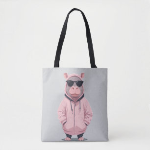 Hippopotamus Wearing Hoodie Funny Cool Animal Pop Tote Bag