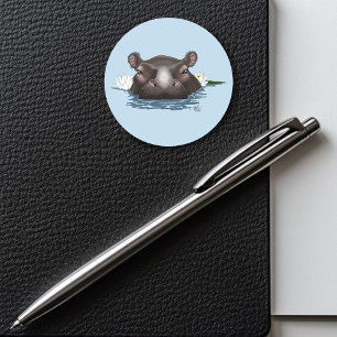 Hippopotamus White Lotus Blue Classic Round Sticker
