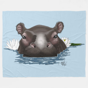 Hippopotamus White Lotus Blue Fleece Blanket