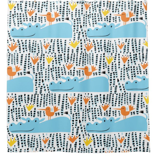 Hippos and birds in the lake seamless pattern vint (Front)