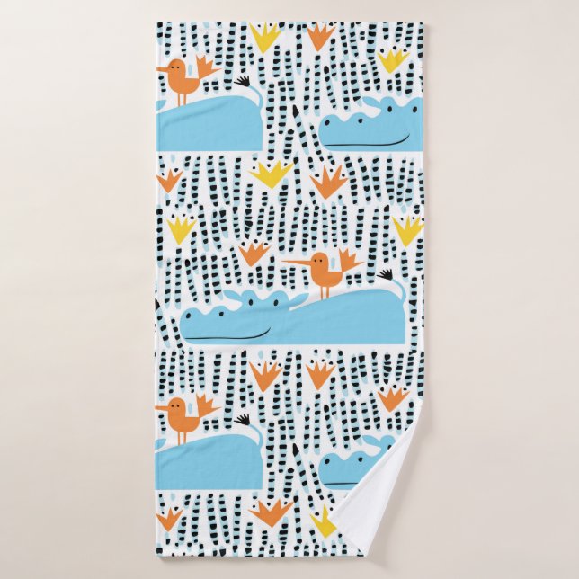 Hippos and birds in the lake seamless pattern vint bath towel (Bath Towel)