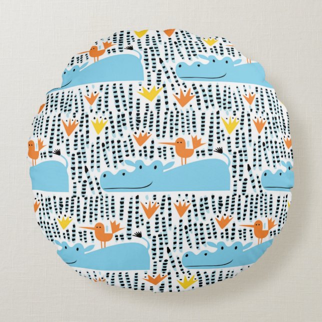 Hippos and birds in the lake seamless pattern vint round pillow (Front)