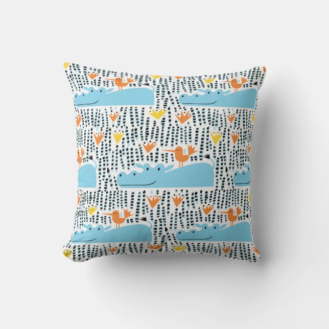 Hippos and birds in the lake seamless pattern vint throw pillow (Front)