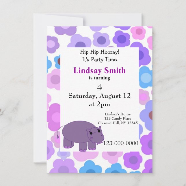 Hippos and Flowers Party Invitation (Front)