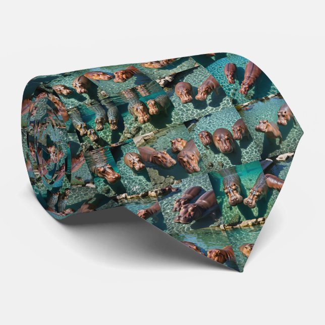 Hippos at Play: A Pond Paradise Tie (Rolled)