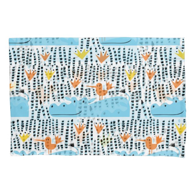 Hippos Birds Lake: Vintage Pattern. Pillowcase (Front)
