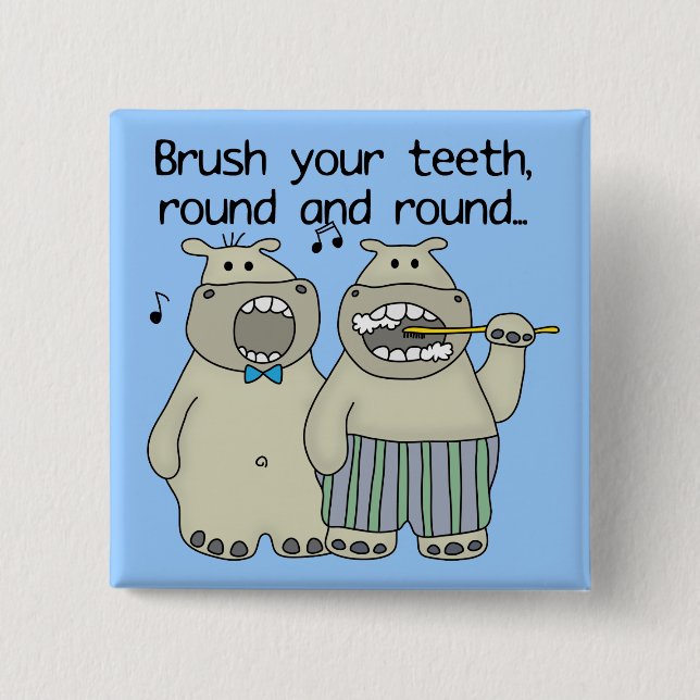 Hippos Brush Your Teeth 2 Inch Square Button (Front)