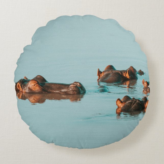 HIPPOS COOLING OFF IN THE DAM ROUND PILLOW (Front)