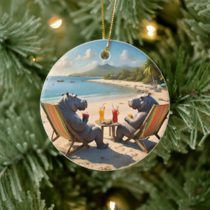 Hippos Having Cocktails On The Beach, Ceramic Ornament