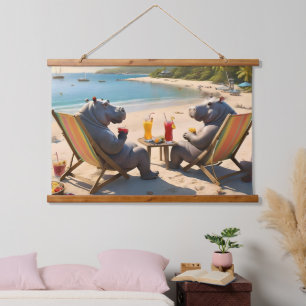 Hippos Having Cocktails On The Beach, Hanging Tapestry