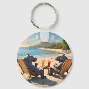 Hippos Having Cocktails On The Beach, Keychain