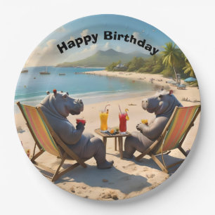 Hippos Having Cocktails On The Beach, Paper Plate