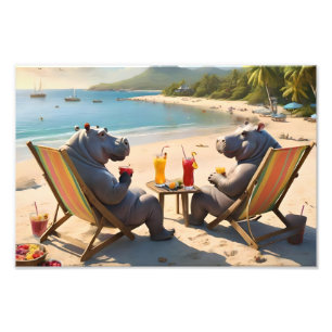Hippos Having Cocktails On The Beach, Photo Print