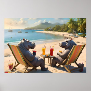 Hippos Having Cocktails On The Beach, Poster
