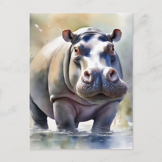 Hippo's Serene Waters A Watercolor Portrait Postcard (Front)