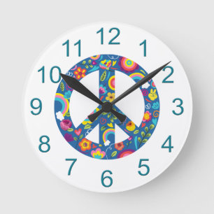 Hippy 60s Boho Peace Sign Round Clock