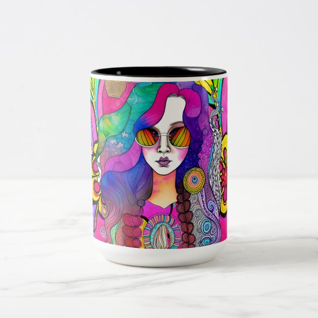 Hippy Art Female with Sunglasses Coffee 15 oz Mug (Center)