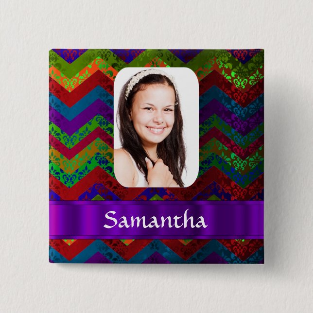 Hippy chevron personalized photo template 2 inch square button (Front)